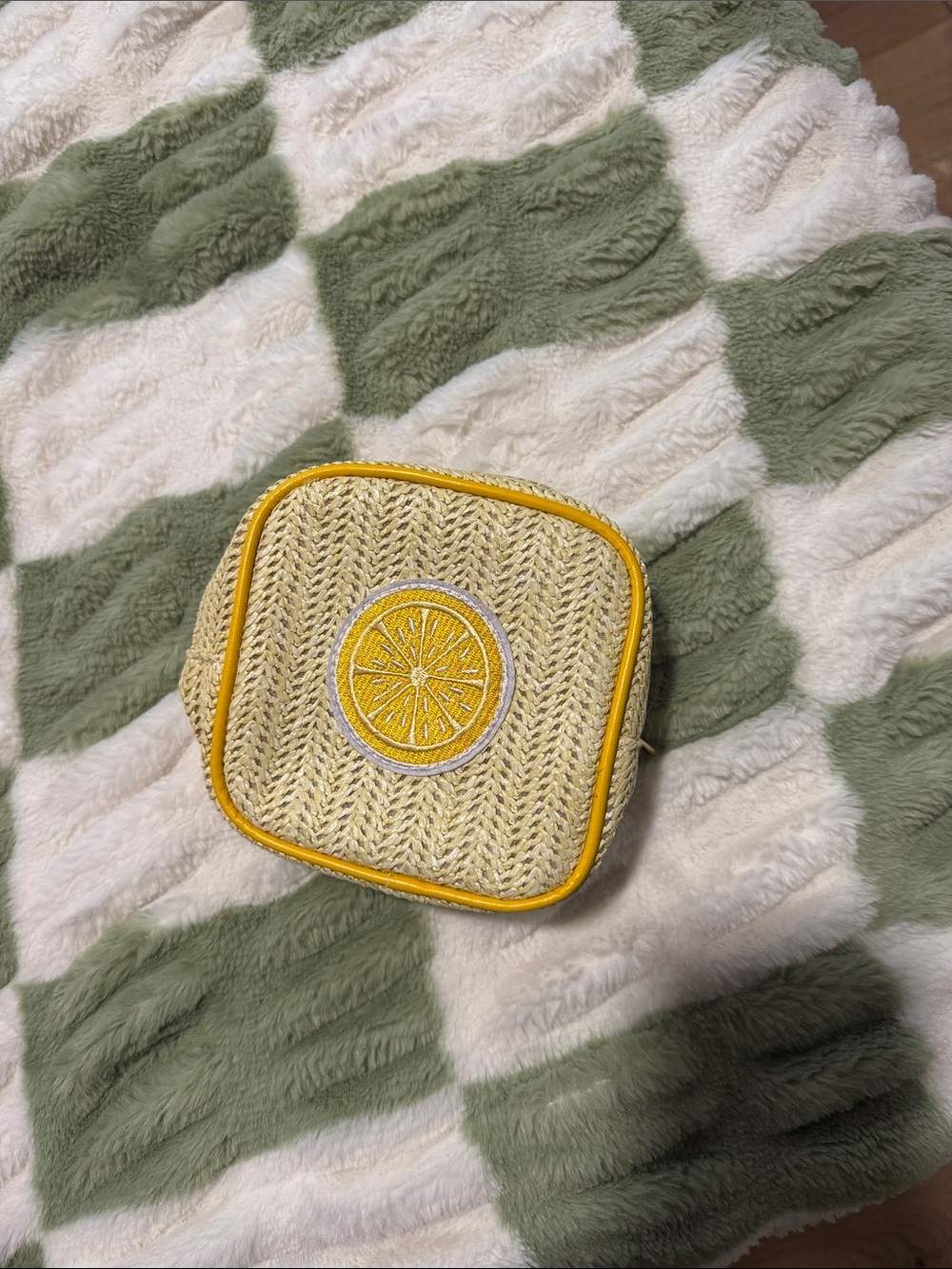Yellow Lemon Embroidered Straw Cosmetic Pouch